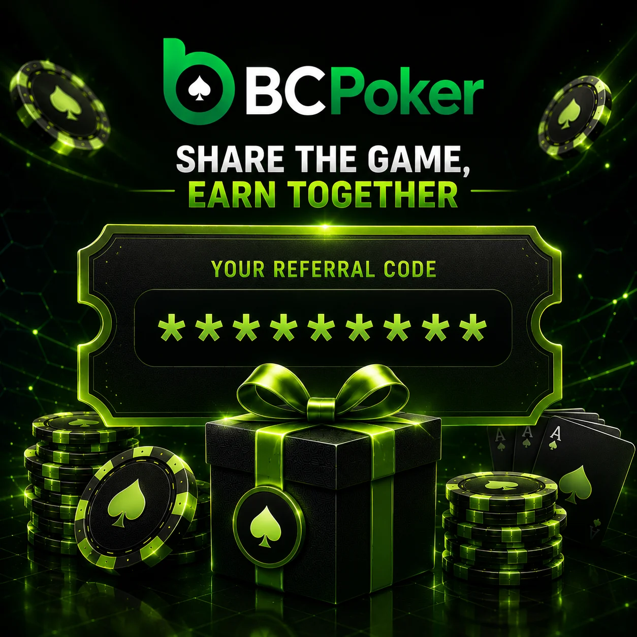 BC Poker referral code banner with gift box, poker chips and hidden invite code.