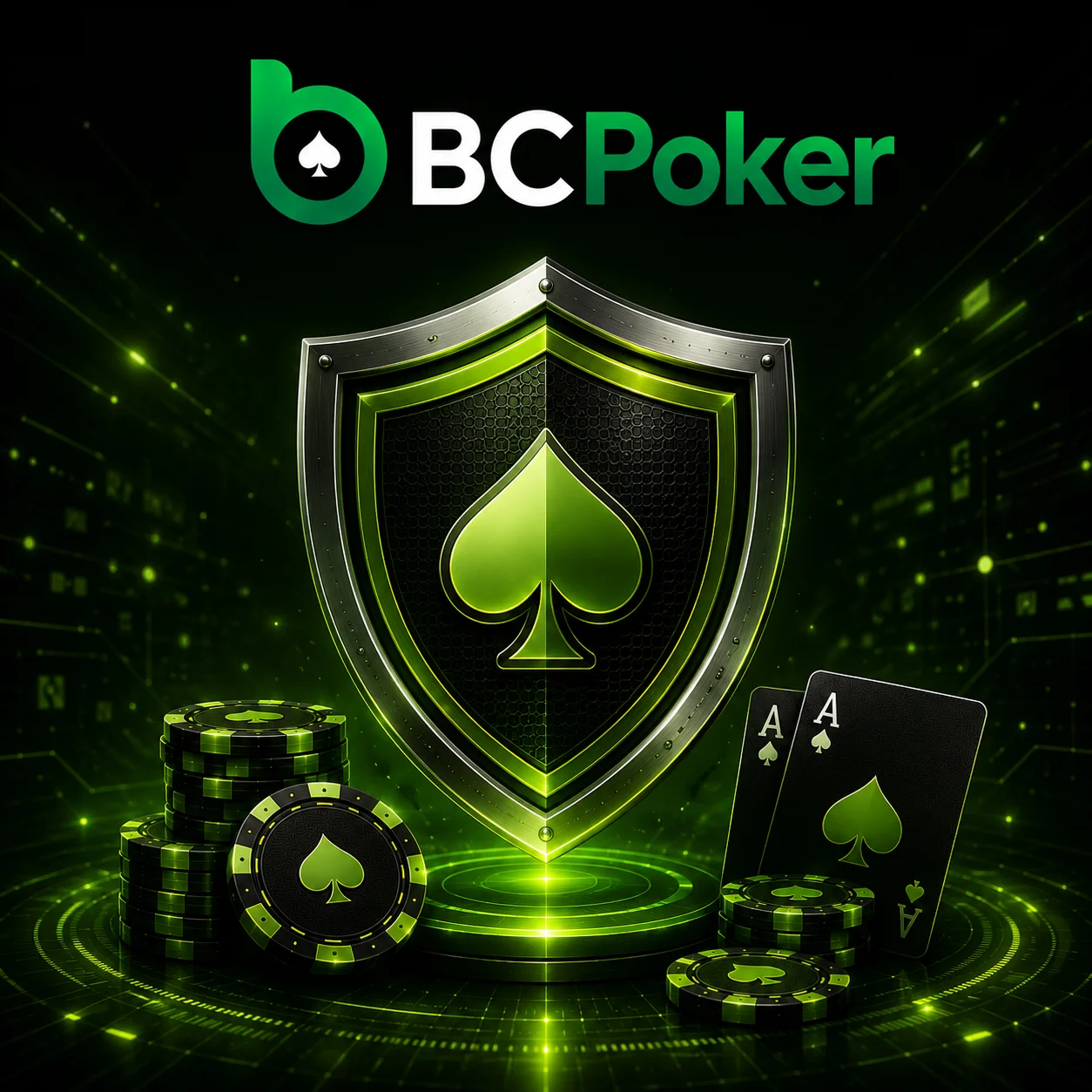 BC Poker shield with poker chips and neon green security design.